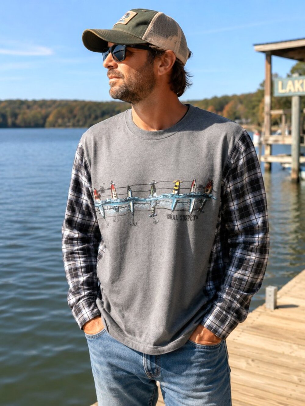Reworked Plaid Tee, Upcycled Fishing Graphic Long-Sleeved T-Shirt Size L - XL